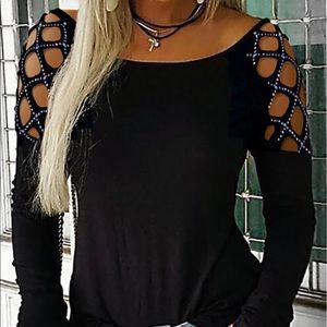 Long sleeve crystal shoulder black top